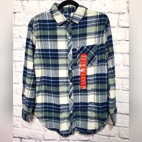 Gap Ladies XS Relaxed Fit Flannel Shirt Sea Spray Plaid NWT Blue Green - Picture 1 of 7